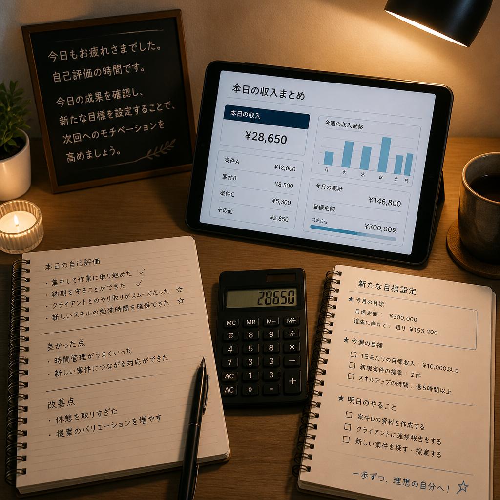 終業後の自己評価: 収入を確認し、次の目標を設定